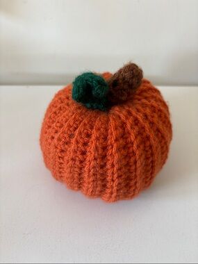 Handmade Knit Pumpkin Decor - Orange with Green Stem